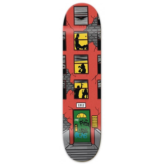 Deck Pizza Neighbors 8.375" en érable 7 plis Resin-7 Epoxy. Concave medium, stabilité et pop durable. Grip offert chez Le Père Skateur.